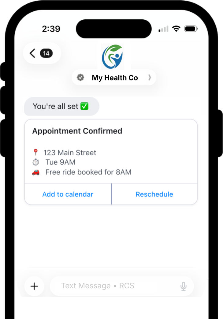 RCS appointment confirmation with ride and calendar actions