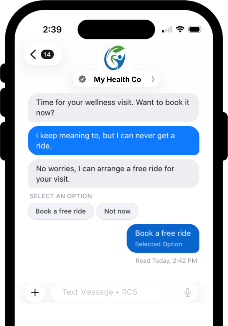 RCS conversation arranging a free ride to a wellness visit