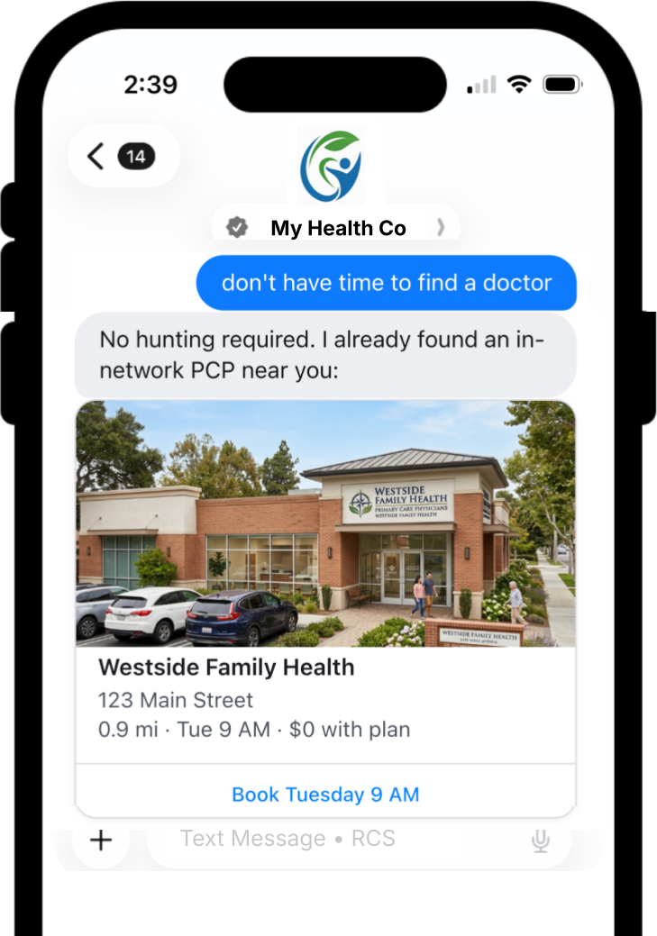 RCS provider card with an appointment booking action