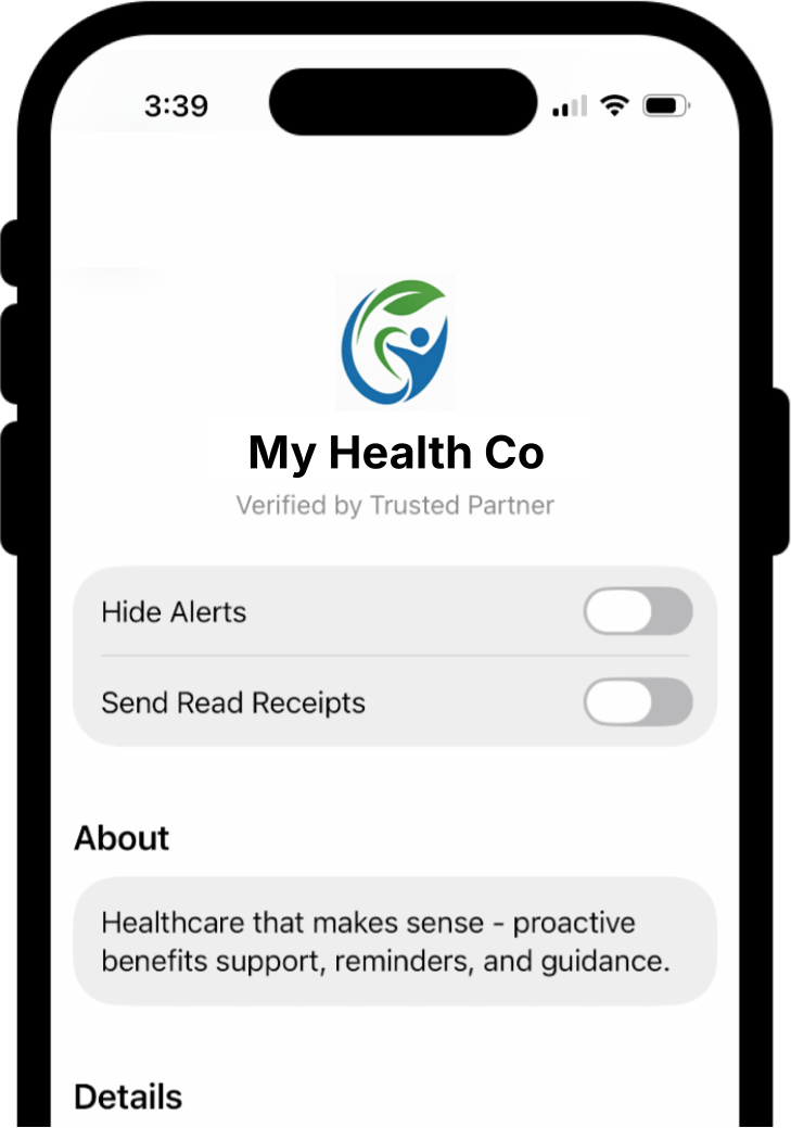 Verified My Health Co business profile in RCS